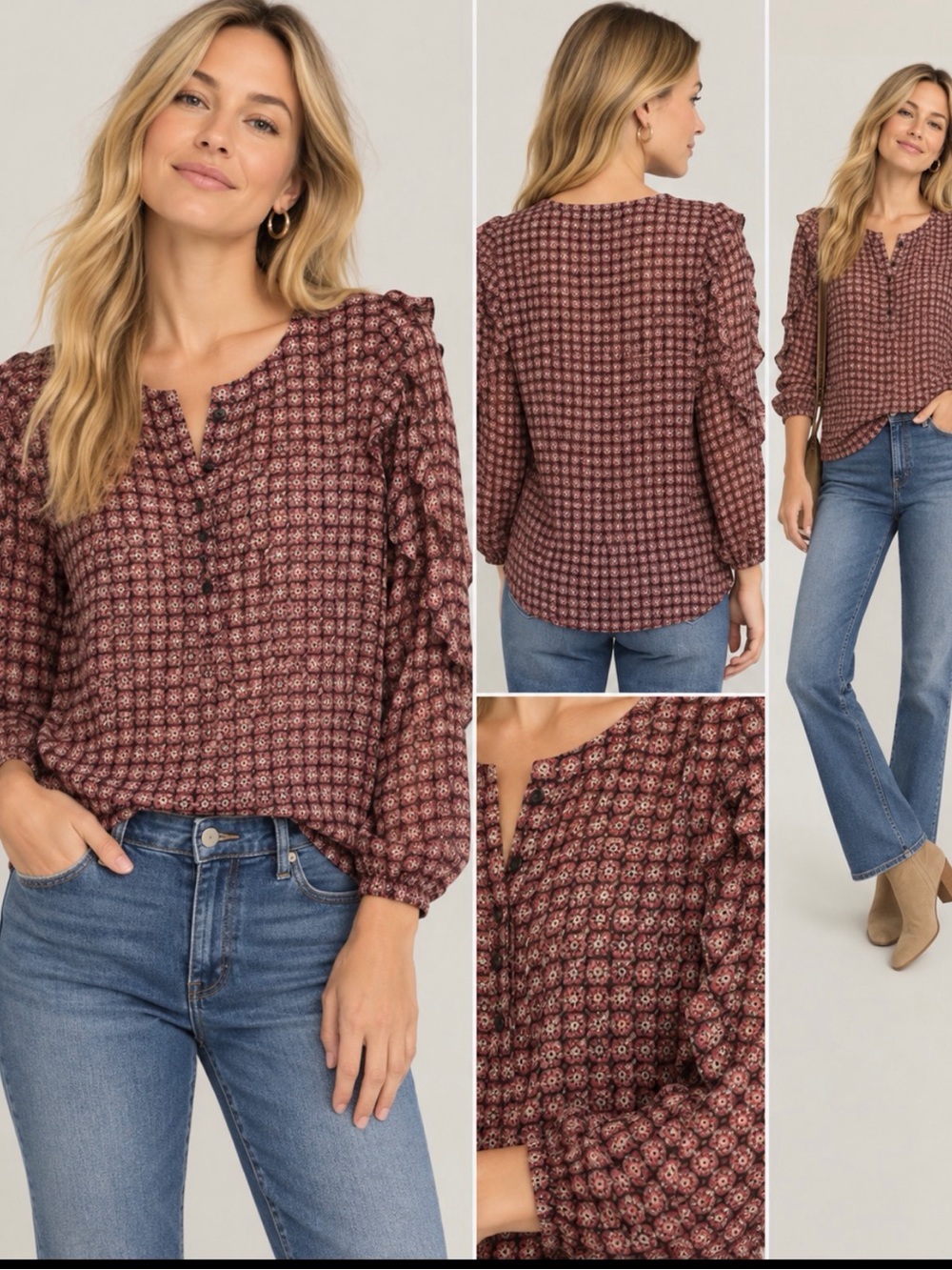 LOFT Burgundy and Pink Geometric Long-Sleeve Blouse